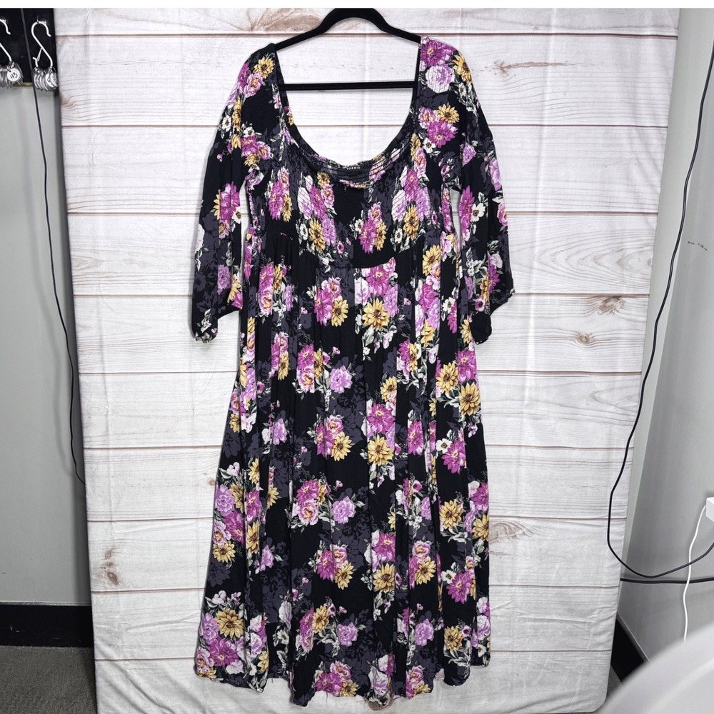 Torrid Floral Smocked Maxi Dress Black Pink Yellow‎ Short Sleeve Plus Size 4S